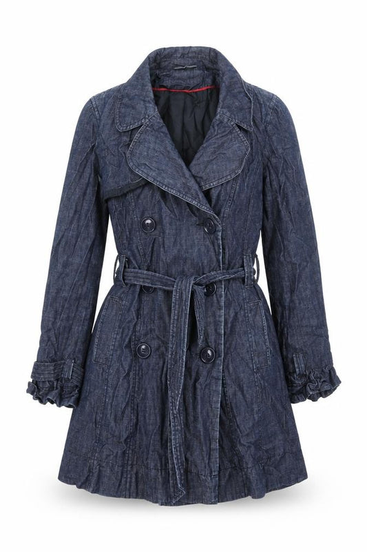 Front view of New Look women’s blue trench coat coat, size UK 12, button - belted