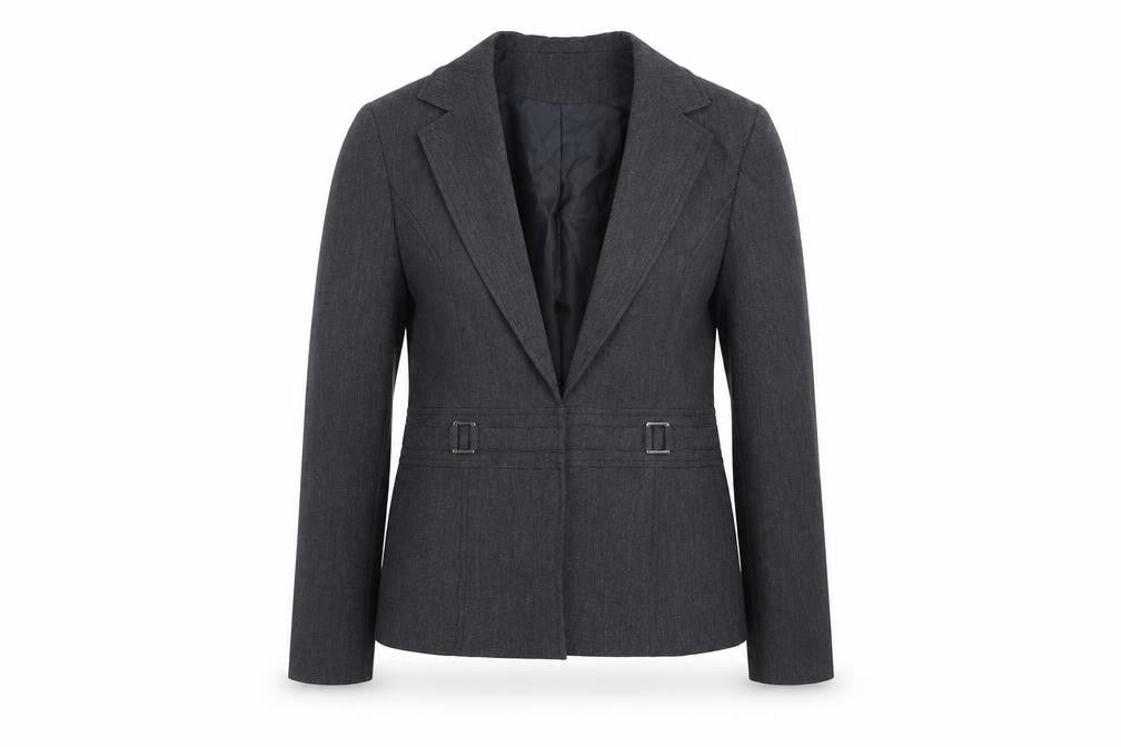 Front view of BHS women’s grey jacket blazer, size UK 10, hook & eye - buckle detail