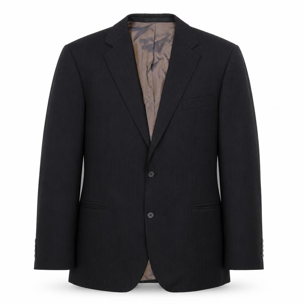 Front view of Marks & Spencer men’s black striped wool jacket suit jacket, size 44, regular