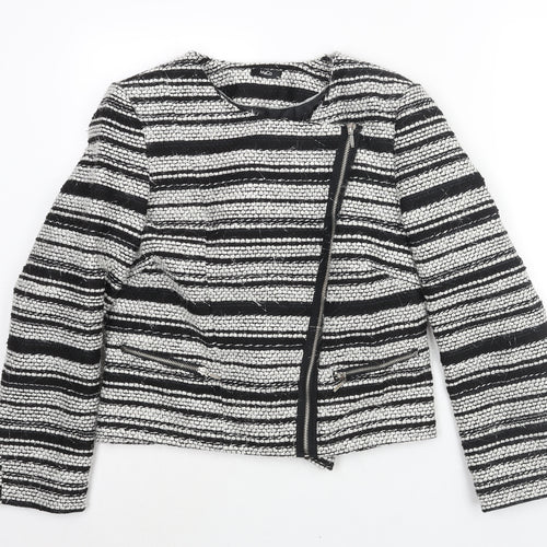 M&Co Womens Black Striped Jacket Size 14 Zip - Tassle Detail