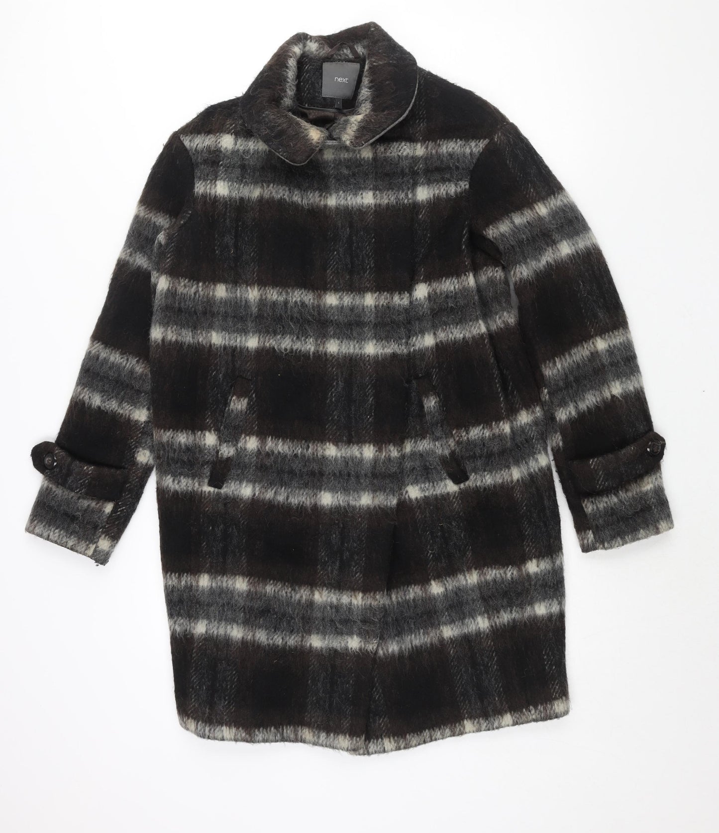 NEXT Womens Brown Check Overcoat Coat Size 6 Snap