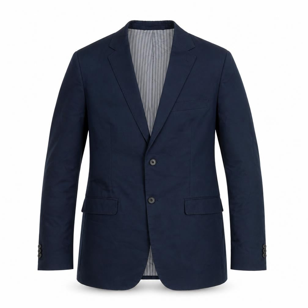 Front view of Tessuti men’s blue cotton jacket blazer, size 40, regular
