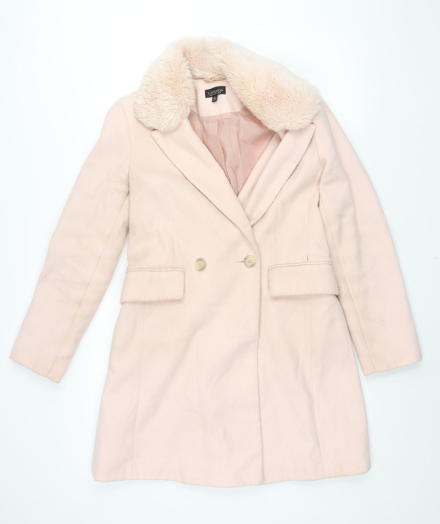 Topshop Womens Pink Overcoat Coat Size 12 Button - Faux Fur Collar