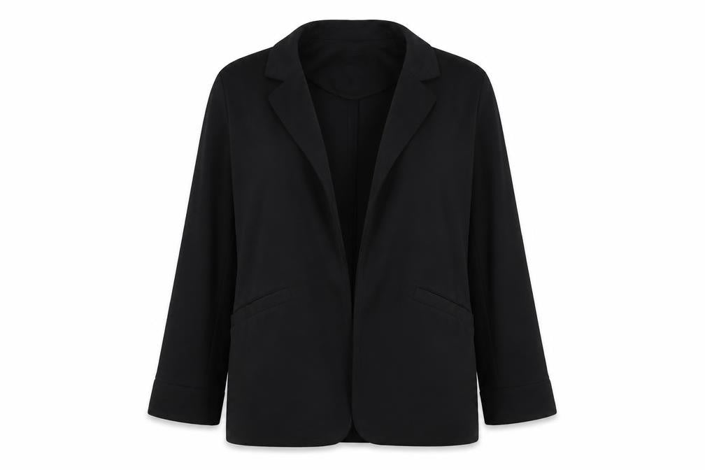 Front view of Oasis women’s black jacket blazer, size UK 10, - vented cuff no closure