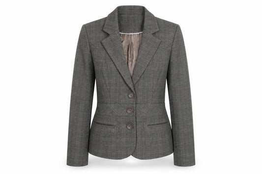 Front view of Next women’s grey check polyester jacket suit jacket, size UK 10