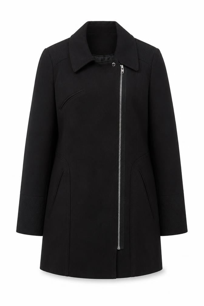 Front view of Dorothy Perkins women’s black overcoat coat, size UK 12, zip