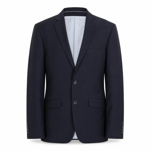 Front view of Burton men’s blue polyester jacket suit jacket, size 36, regular