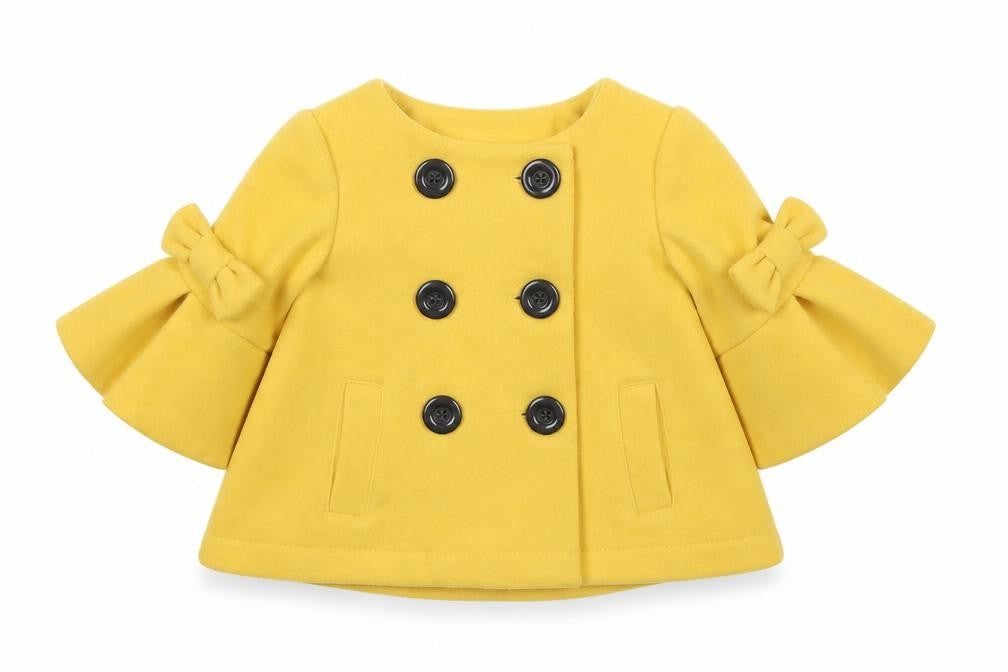 Front view of Maxx girls’ yellow pea coat coat, size 12, months button