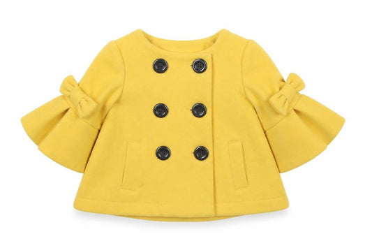 Front view of Maxx girls’ yellow pea coat coat, size 12, months button