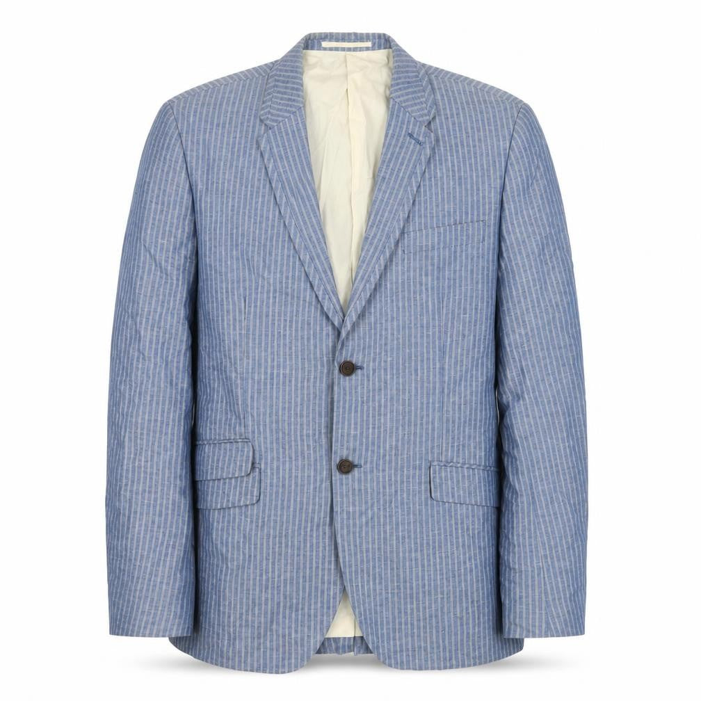 Front view of RJR.John Rocha men’s blue striped cotton jacket suit jacket, size 42, regular