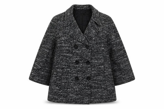 Front view of Cotswold Collections women’s black overcoat coat, size UK 12, button