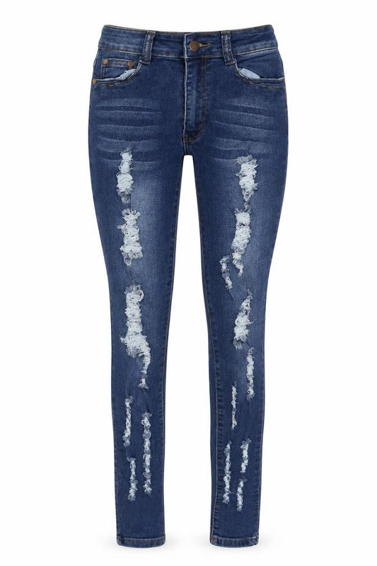 Front view of Fashion Nova women’s blue cotton skinny jeans, size UK 24, in, 30-inch leg regular zip