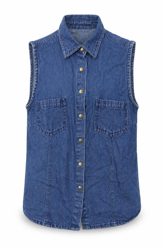 Front view of Joie de Vivre women’s blue cotton basic button-up, size UK 10, collared