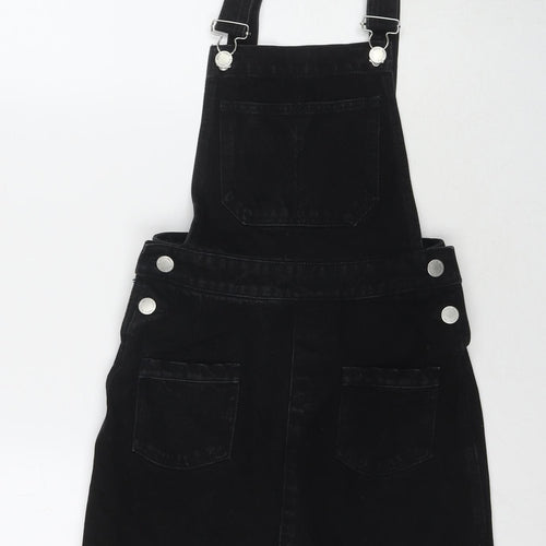 Missguided Womens Black Cotton Pinafore/Dungaree Dress Size 6 Square Neck Button