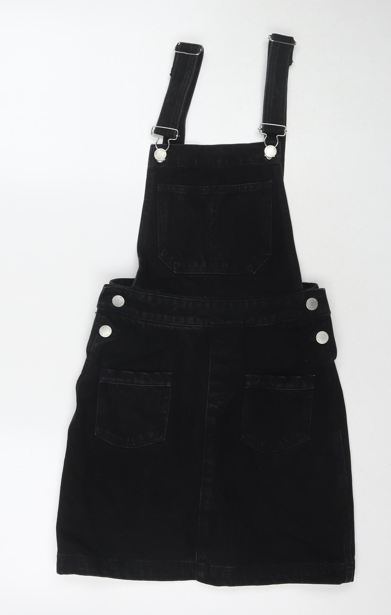 Missguided Womens Black Cotton Pinafore/Dungaree Dress Size 6 Square Neck Button