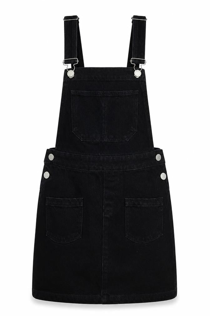 Missguided Womens Black Cotton Pinafore/Dungaree Dress Size 6 Square Neck Button