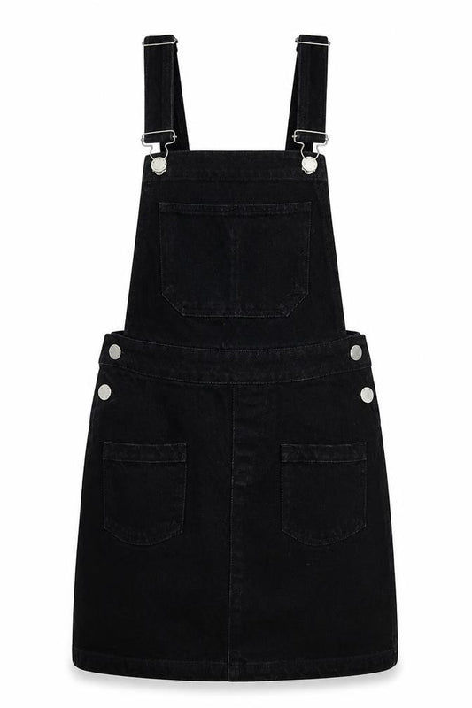 Front view of Missguided women’s black cotton pinafore/dungaree dress, size UK 6, square neck button