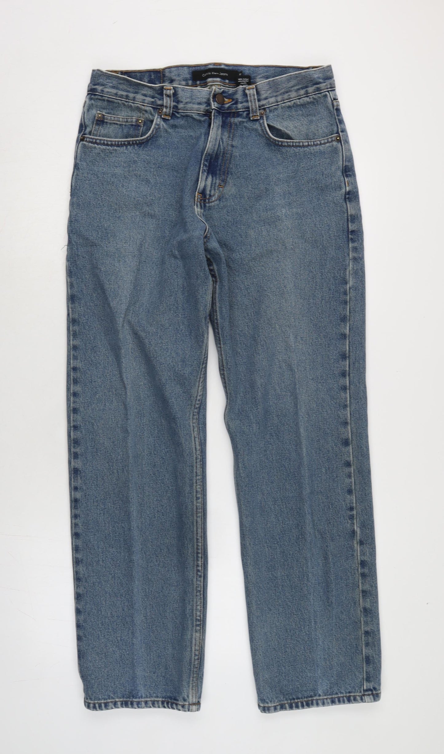 Calvin Klein Mens Blue Cotton Straight Jeans Size 32 in L32 in Extra-Slim Zip