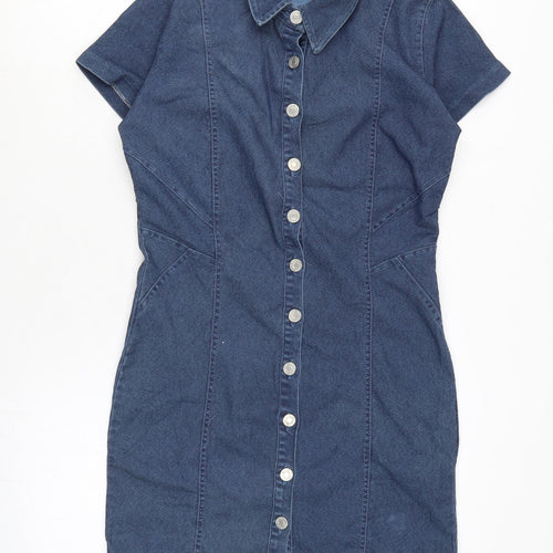 Select Womens Blue Cotton A-Line Size 10 Collared Button