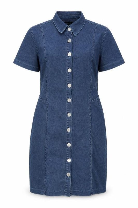 Front view of Select women’s blue cotton a-line, size UK 10, collared button