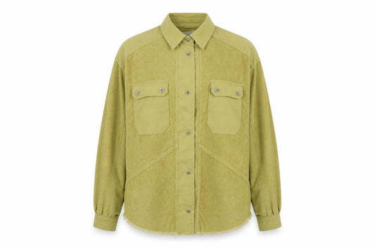 Front view of Thread & supply women’s yellow cotton basic button-up, size S, collared - raw hem