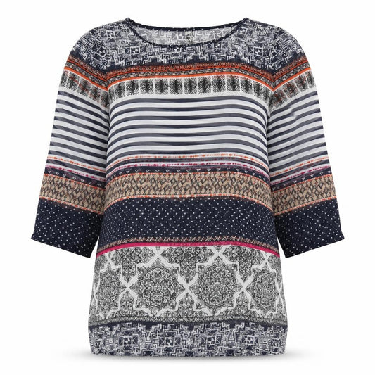 Front view of Marks & Spencer women’s multicoloured striped polyester basic blouse, size UK 14, crew neck