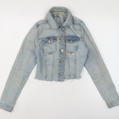 New Look Womens Blue Biker Jacket Size 6 Button - Raw Hem - In need of freshen up.
