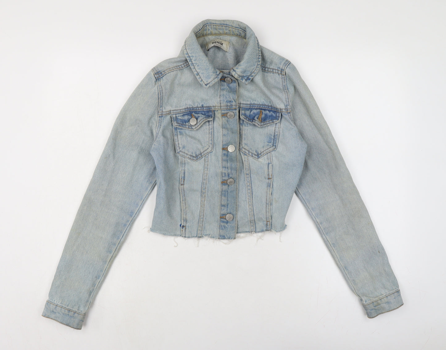 New Look Womens Blue Biker Jacket Size 6 Button - Raw Hem - In need of freshen up.
