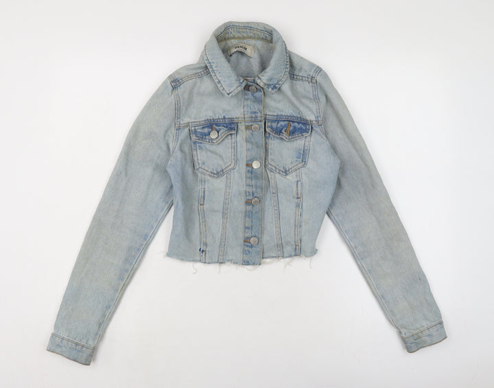 New Look Womens Blue Biker Jacket Size 6 Button - Raw Hem - In need of freshen up.