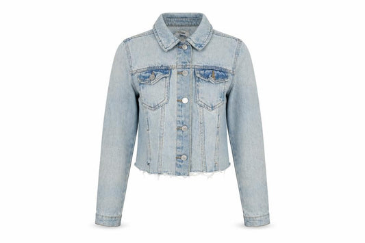 Front view of New Look women’s blue biker jacket, size UK 6, button - raw hem - in need of freshen up.