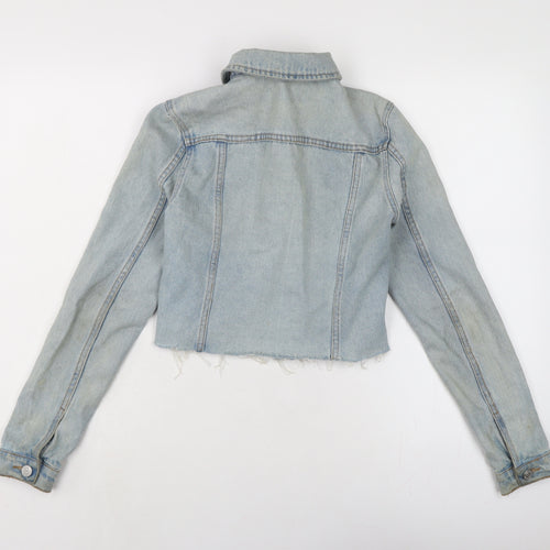 New Look Womens Blue Biker Jacket Size 6 Button - Raw Hem - In need of freshen up.