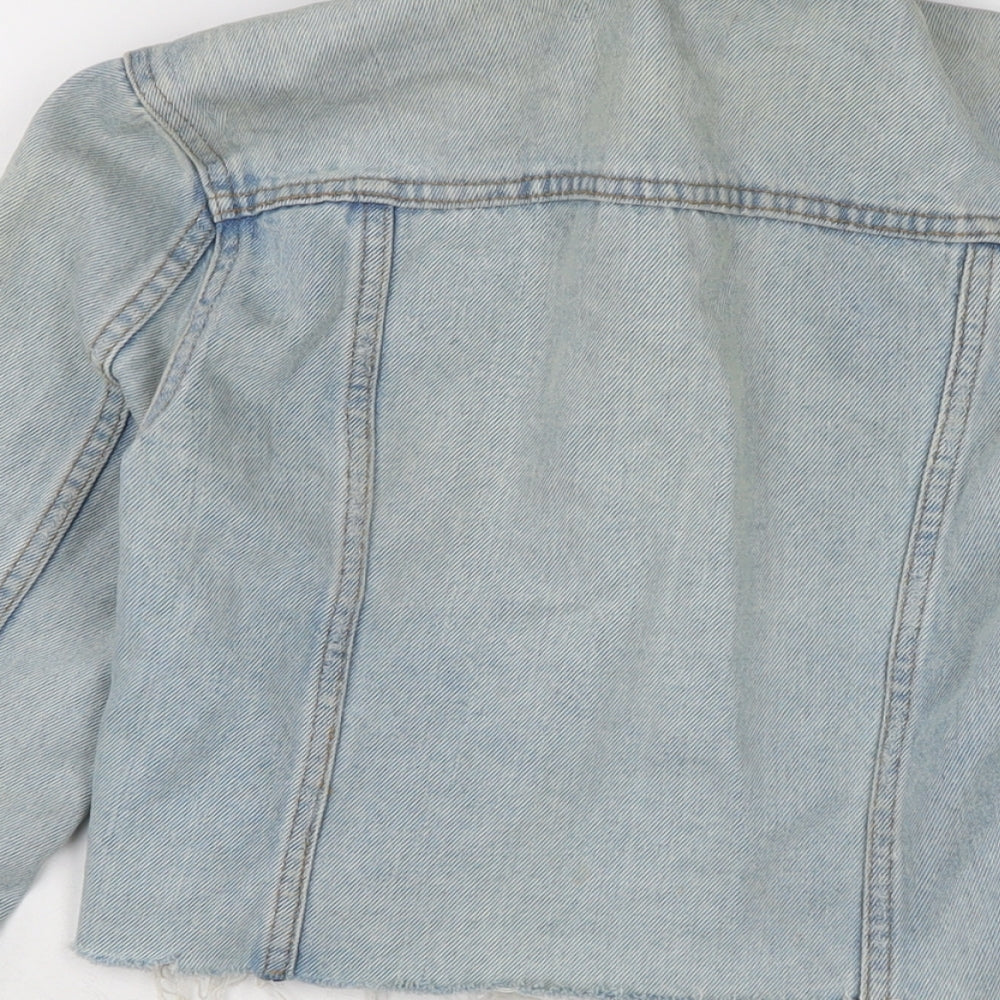 New Look Womens Blue Biker Jacket Size 6 Button - Raw Hem - In need of freshen up.