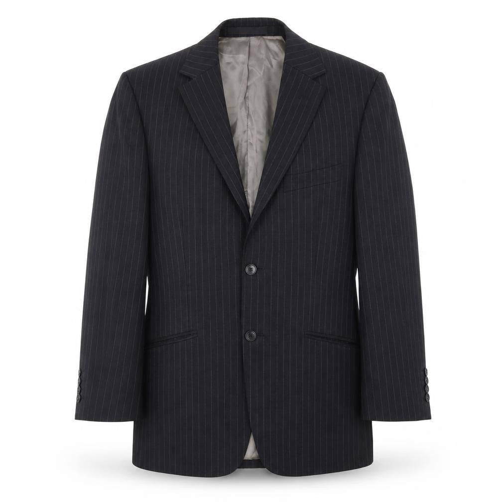 Front view of Marks & Spencer men’s grey striped wool jacket blazer, size 38, regular