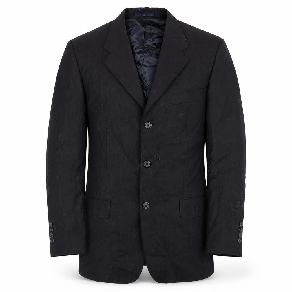 Front view of Charlton Gray men’s blue striped polyester jacket blazer, size 38, regular