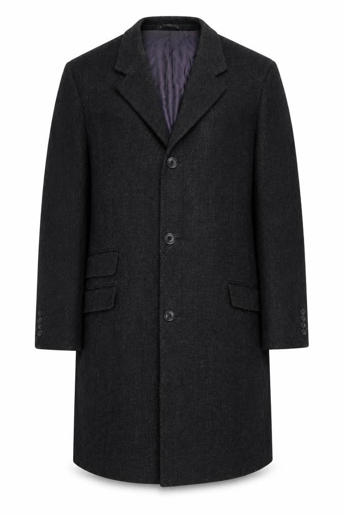 Front view of Greenwoods men’s grey overcoat coat, size L, button