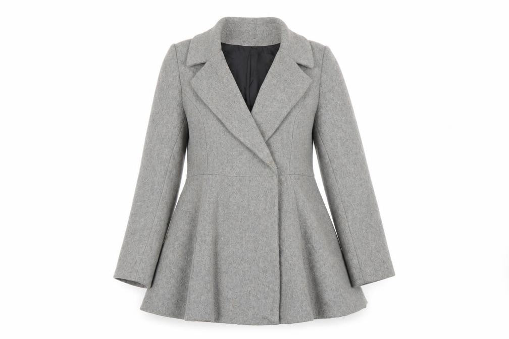 Front view of ASOS women’s grey pea coat coat, size UK 10, button
