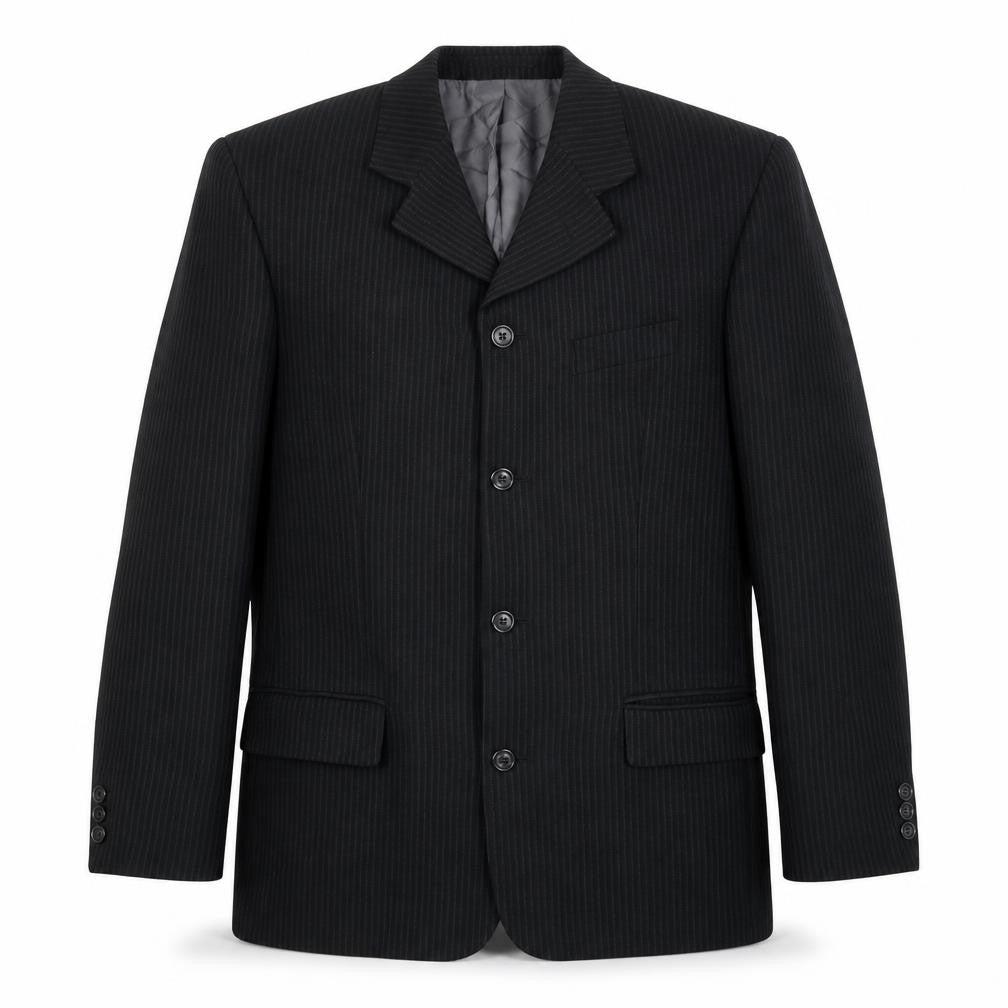 Front view of River Island men’s black striped wool jacket blazer, size 38, regular