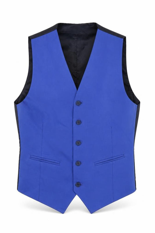 Front view of Boohoo men’s blue polyester jacket suit waistcoat, size 36, regular