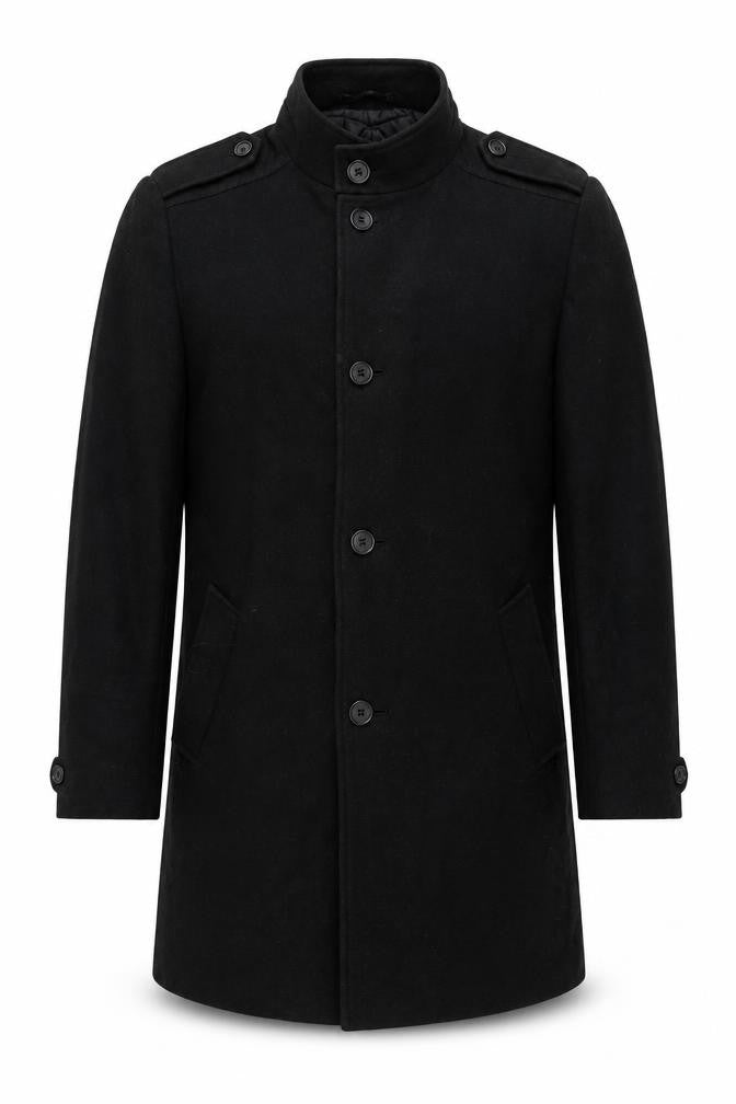 Front view of Marks & Spencer men’s black overcoat coat, size M, button