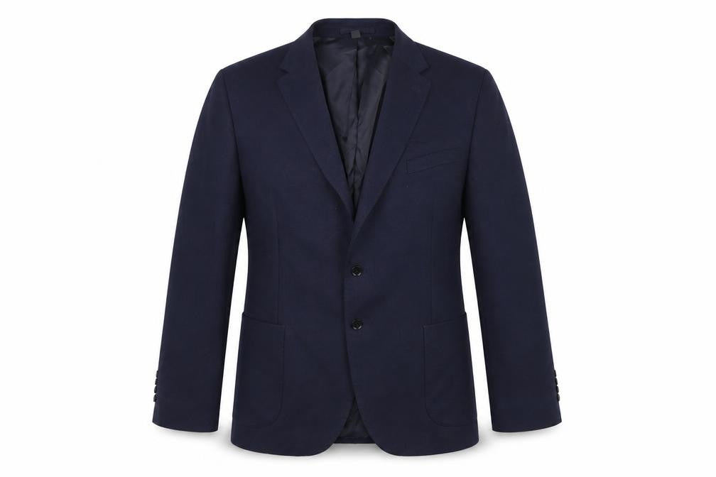 Front view of Marks & Spencer men’s blue polyamide jacket blazer, size 48, regular