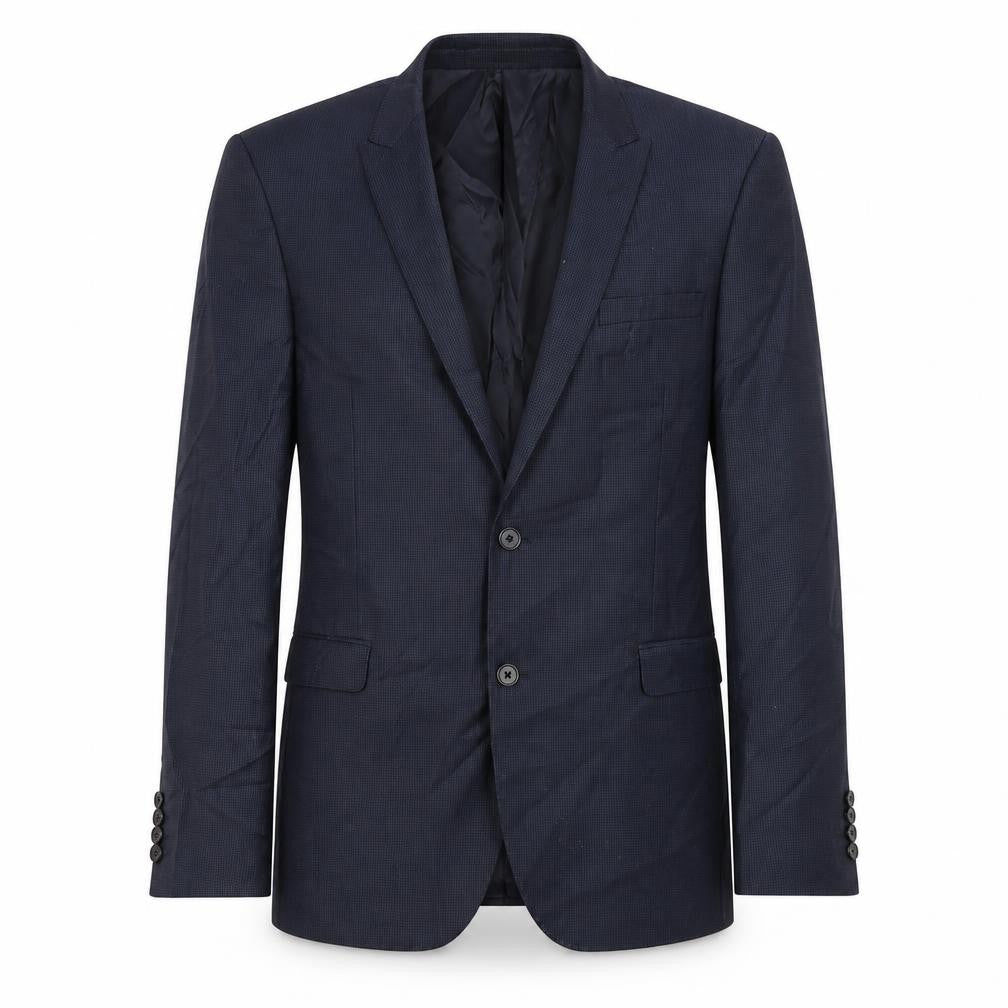 Front view of Hilton Weiner men’s blue wool jacket blazer, size 44, regular