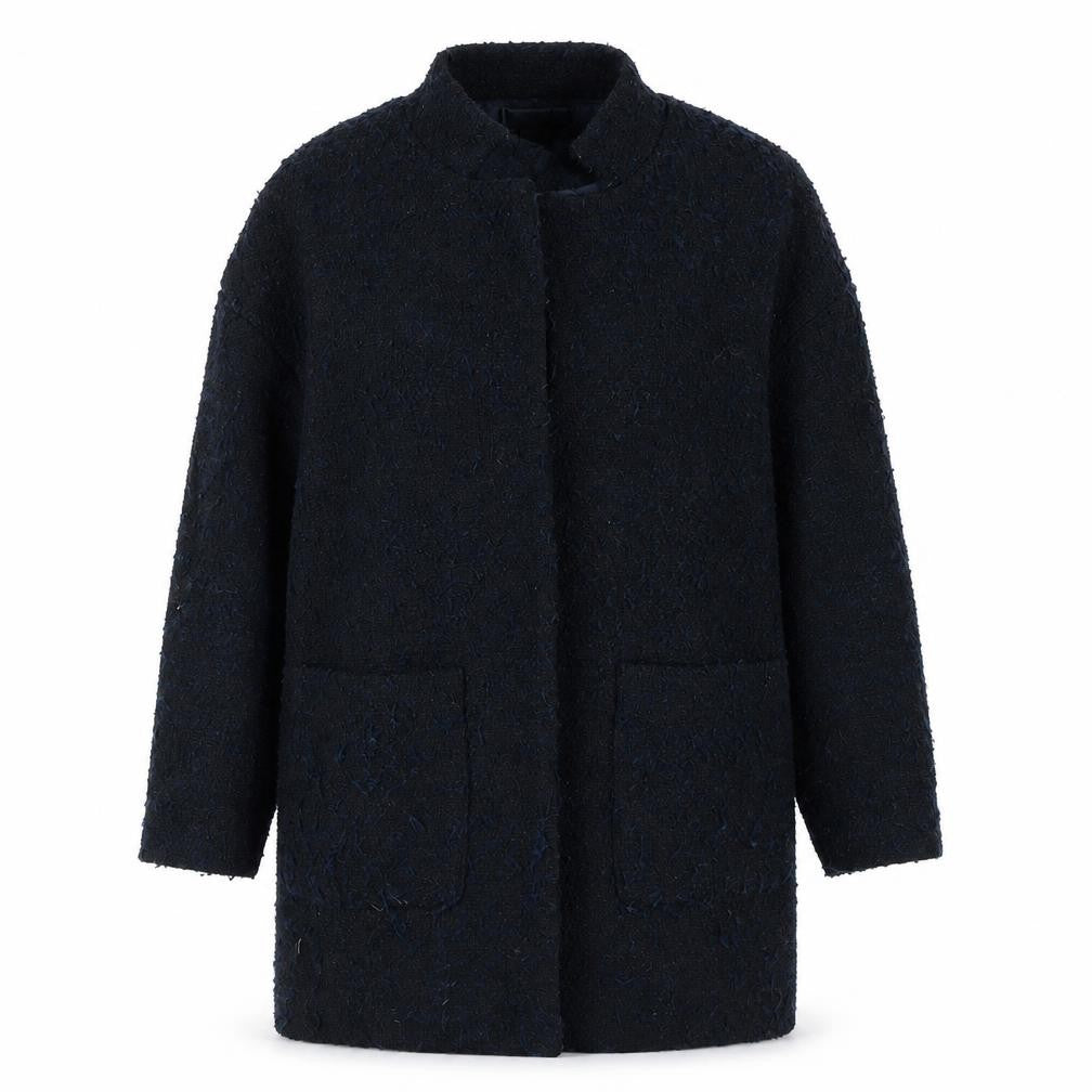 Front view of H&M women’s blue overcoat coat, size UK 4, snap