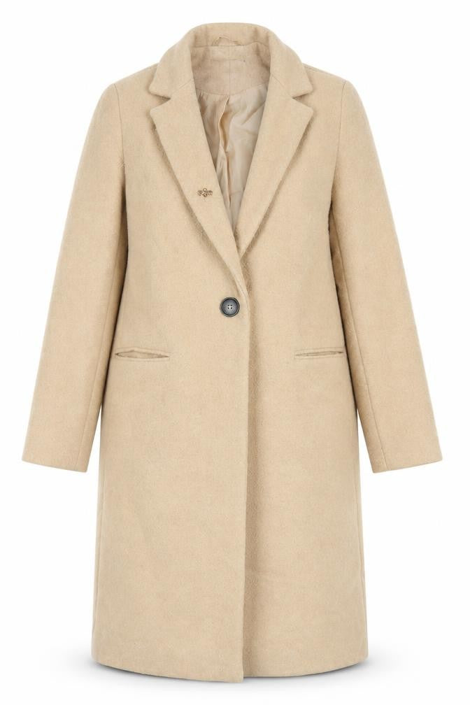 Front view of New Look women’s beige overcoat coat, size UK 8, button