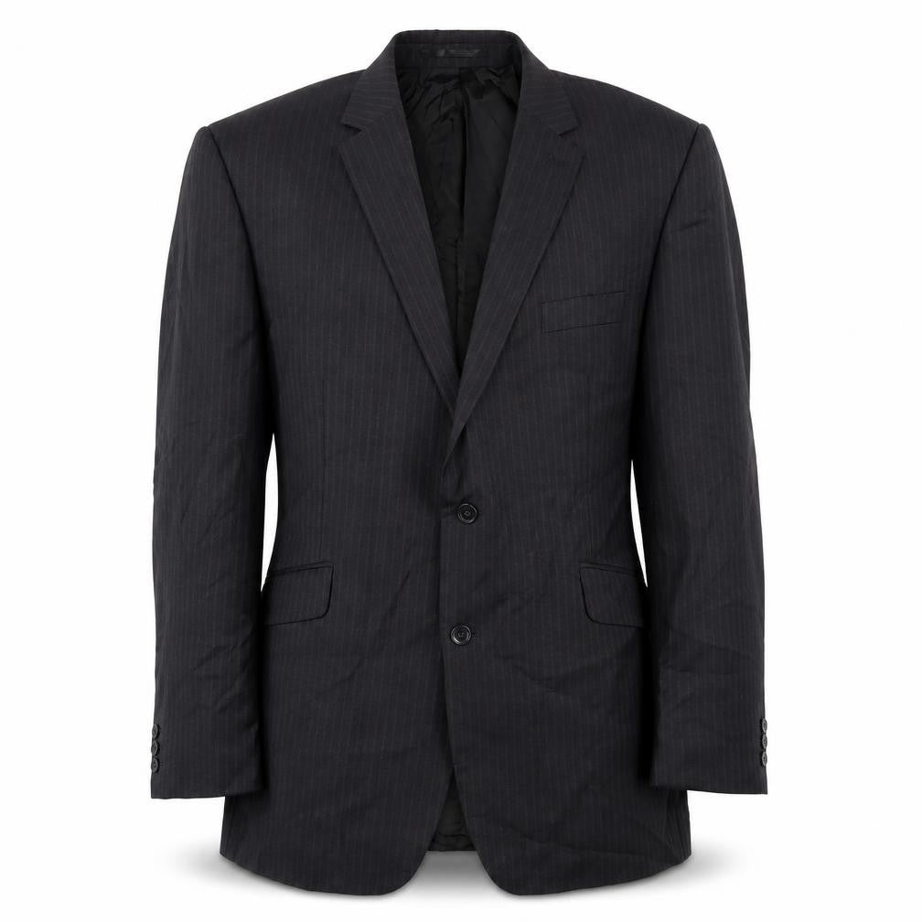 Front view of Burton men’s grey striped wool jacket blazer, size 48, regular