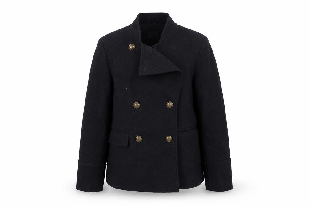 Front view of New Look women’s blue overcoat coat, size UK 12, button