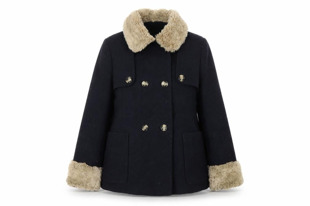 Front view of Topshop women’s blue overcoat coat, size UK 10, button