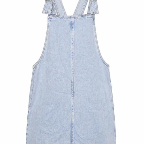 Topshop Womens Blue Cotton Pinafore/Dungaree Dress Size 8 Square Neck Buckle