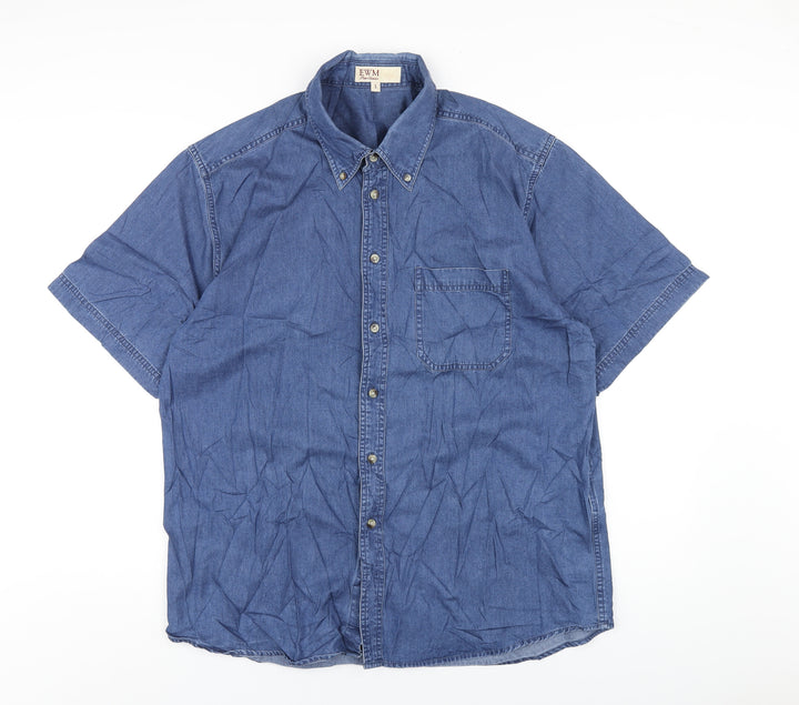 EWM Mens Blue Cotton Button-Up Size L Collared Button