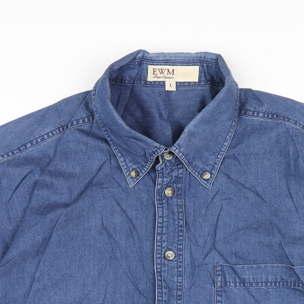 EWM Mens Blue Cotton Button-Up Size L Collared Button