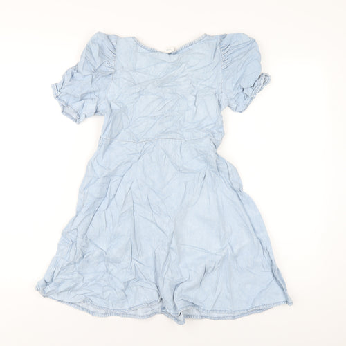 NEXT Girls Blue Cotton A-Line Size 11 Years Scoop Neck Button